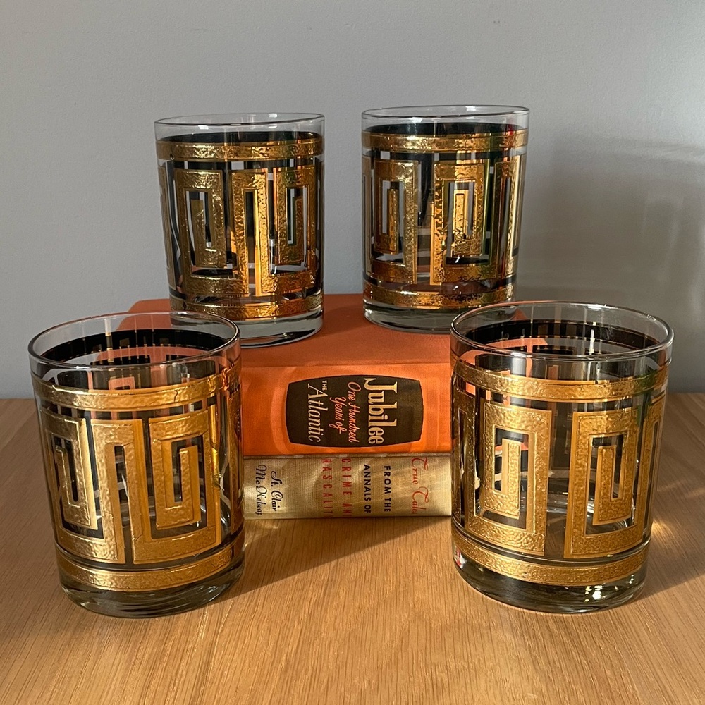 Vintage MCM Culver Whiskey Glasses 22K Gold Greek Key Pattern Set of 4